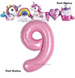 Pembe Renk Rakam Balonlu Unicorn 9 Yaş Doğum Günü Parti Balon Set Pembe Renk Unicorn Tema Parti Seti
