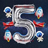 Gümüş Renk Rakam Balon Uzay Konsept 5 Yaş Doğum Günü Balon Set Galaksi Astronot Space Roket Balon