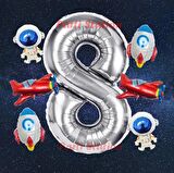 Gümüş Renk Rakam Balon Uzay Konsept 8 Yaş Doğum Günü Balon Set Galaksi Astronot Space Roket Balon