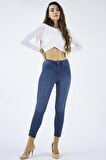 Kadın Yüksek Bel Likralı Yanları Akan Pullu Payetli Dar Kesim Slim Fit Kot Pantolon