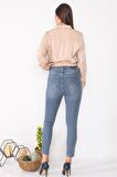 Kadın Yüksek Bel Likralı Yanları Akan Pullu Payetli Dar Kesim Slim Fit Kot Pantolon