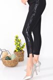 Kadın Yüksek Bel Likralı Yanları Akan Pullu Payetli Dar Kesim Slim Fit Kot Pantolon