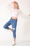 Kadın Baskılı Mom Jeans Kot Pantolon