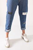 Kadın Baskılı Mom Jeans Kot Pantolon