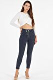 Kadın Yüksek Bel Full Likralı Skinny Jean Dar Kesim Düğme Fermuar Detaylı Kot Pantolon