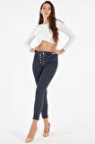 Kadın Yüksek Bel Full Likralı Skinny Jean Dar Kesim Düğme Fermuar Detaylı Kot Pantolon