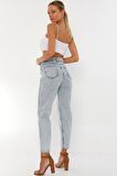 Kadın Yüksek Bel Büyük Papatya Özel El Boyaması Mom Jeans Kot Pantolon