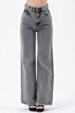 Kadın Açık Gri Yüksek Bel Bol Kesim Bol Geniş Paça Taşlanmış Palazzo Wide Leg Kot Pantolon
