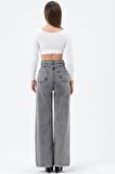 Kadın Açık Gri Yüksek Bel Bol Kesim Bol Geniş Paça Taşlanmış Palazzo Wide Leg Kot Pantolon