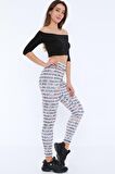 Kadın Yüksek Bel Dalgıç Kumaş Renkli Baskılı Mat Beyaz Tayt