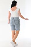 Kadın Büyük Beden Yüksek Bel Likralı Esnek Skinny Bermuda Kot Şort 