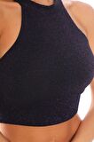 Kadın Halter Yaka Likralı Crop Bluz