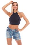Kadın Halter Yaka Likralı Crop Bluz