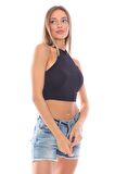 Kadın Halter Yaka Likralı Crop Bluz