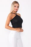 Kadın Çapraz Yaka Siyah Crop Bluz