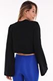 Kadın Siyah Pamuklu Yarasa Kol Crop Sweatshirt