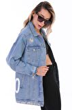 Kadın Mavi Sayı Baskılı Yırtık Detaylı Jean Boyfriend Oversize Uzun Kot Ceket