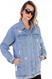 Kadın Mavi Sayı Baskılı Yırtık Detaylı Jean Boyfriend Oversize Uzun Kot Ceket