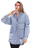 Kadın Kurukafa Özel El Boyama Baskılı Oversize Jean Yırtık Detaylı Uzun Kot Ceket