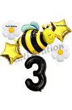 Bee Arı ve Papatya Konsept 3 Yaş Balon Set Arı Balon ve Siyah Rakam Balon Doğum Günü Balon Set