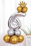 Gümüş Renk 6 Yaş Krom Gold-gümüş Renkler Altın Taçlı Balon Seti