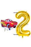 Cars Arabalar Balon Konsept 2 Yaş Balon Set Şimşek Mcqueen Balon ve Gold Rakam Balon Doğum Günü Set