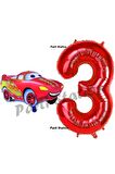 Cars Arabalar Balon Konsept 3 Yaş Balon Şimşek Mcqueen Balon ve Kırmızı Rakam Balon Doğum Günü Set