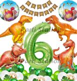 Orman Tema Jurassic Park Dinozor Konsept Yeşil Rakam Balon 6 Yaş Dev Balonlu Doğum Günü Balon Set