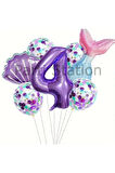 Deniz Kızı Konsept 6 Yaş Balon Set Mor Deniz Kızı Mermaid Tema Doğum Günü Folyo Balon Set