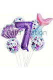 Deniz Kızı Konsept 6 Yaş Balon Set Mor Deniz Kızı Mermaid Tema Doğum Günü Folyo Balon Set