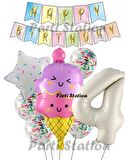 İce Cream Dondurma Konsept Doğum Günü 4 Yaş Balon Set Yaz Tema Sevimli Dondurma Folyo Balon Set