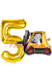 İnşaat Forklift Kamyonu Balon 6 Yaş Doğum Günü Balon Set İş Makineleri Konsept Ve Gold Rakam Balon