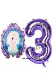Frozen Balon 3 Yaş Doğum Günü Set Frozen Elsa Konsept Balon ve Mor Rakam Balon Doğum Günü Set