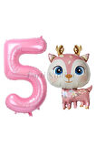 Sevimli Geyik 7 Yaş Balon Set Ceylan Balon Woodland Konsept Geyik Balon ve Pembe Renk Rakam Balon
