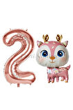 Sevimli Geyik 6 Yaş Balon Set Ceylan Balon Woodland Konsept Geyik Balon ve Rosegold Renk Rakam Balon