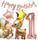 Woodland Geyik 1 Yaş Folyo Rosegold Balon Set Geyik Ceylan Doğum Günü Parti Balon Set Geyik Konsept