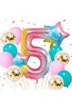 Gökkuşağı Rengarenk 5 Yaş Balon Set Yıldız Balon Folyo Set Konsept Doğum Günü Set Yaş Balon Set