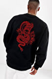 Arka-ön Dragon Baskılı Siyah Sweatshirt