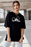 Azurco Oversize Mickey Baskılı Siyah Tshirt