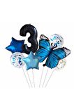 Mavi Kelebek 3 Yaş Balon Set Yıldız Balon Folyo Set Kelebek Konsept Doğum Günü Set Yaş Balon Set