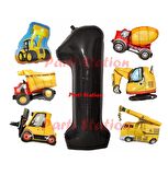 İnşaat Araçları Konsept Doğum Günü 1 Yaş Balon Set Mini Boy Kepçe Dozer Mikser Kamyon Forklift Balon