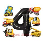 İnşaat Araçları Konsept Doğum Günü 4 Yaş Balon Set Mini Boy Kepçe Dozer Mikser Kamyon Forklift Balon