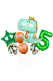Sevimli Dinozor Konsept Yeşil  5 Yaş Balon Set Jurassic Dinozor Tema Doğum Günü Folyo Balon Set
