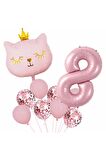 Pembe Kedi 8 Yaş Balon Set Balon Folyo Set Pembe Kedi Konsept Doğum Günü Set Yaş Balon Set