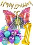Rengarenk Kelebek 1 Yaş Balon Set Colorfull Butterfly Gökkuşağı Konsept Parti Doğum Günü Balon Seti
