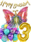 Rengarenk Kelebek 3 Yaş Balon Set Colorfull Butterfly Gökkuşağı Konsept Parti Doğum Günü Balon Seti