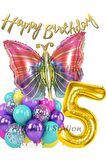Rengarenk Kelebek 1 Yaş Balon Set Colorfull Butterfly Gökkuşağı Konsept Parti Doğum Günü Balon Seti
