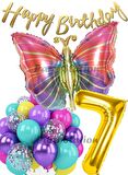 Rengarenk Kelebek 7 Yaş Balon Set Colorfull Butterfly Gökkuşağı Konsept Parti Doğum Günü Balon Seti