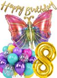 Rengarenk Kelebek 8 Yaş Balon Set Colorfull Butterfly Gökkuşağı Konsept Parti Doğum Günü Balon Seti