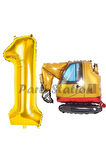 İnşaat Kepçe Kamyon Balon 1 Yaş Doğum Günü Balon Set İş Makineleri Konsept Ve Gold Rakam Balon